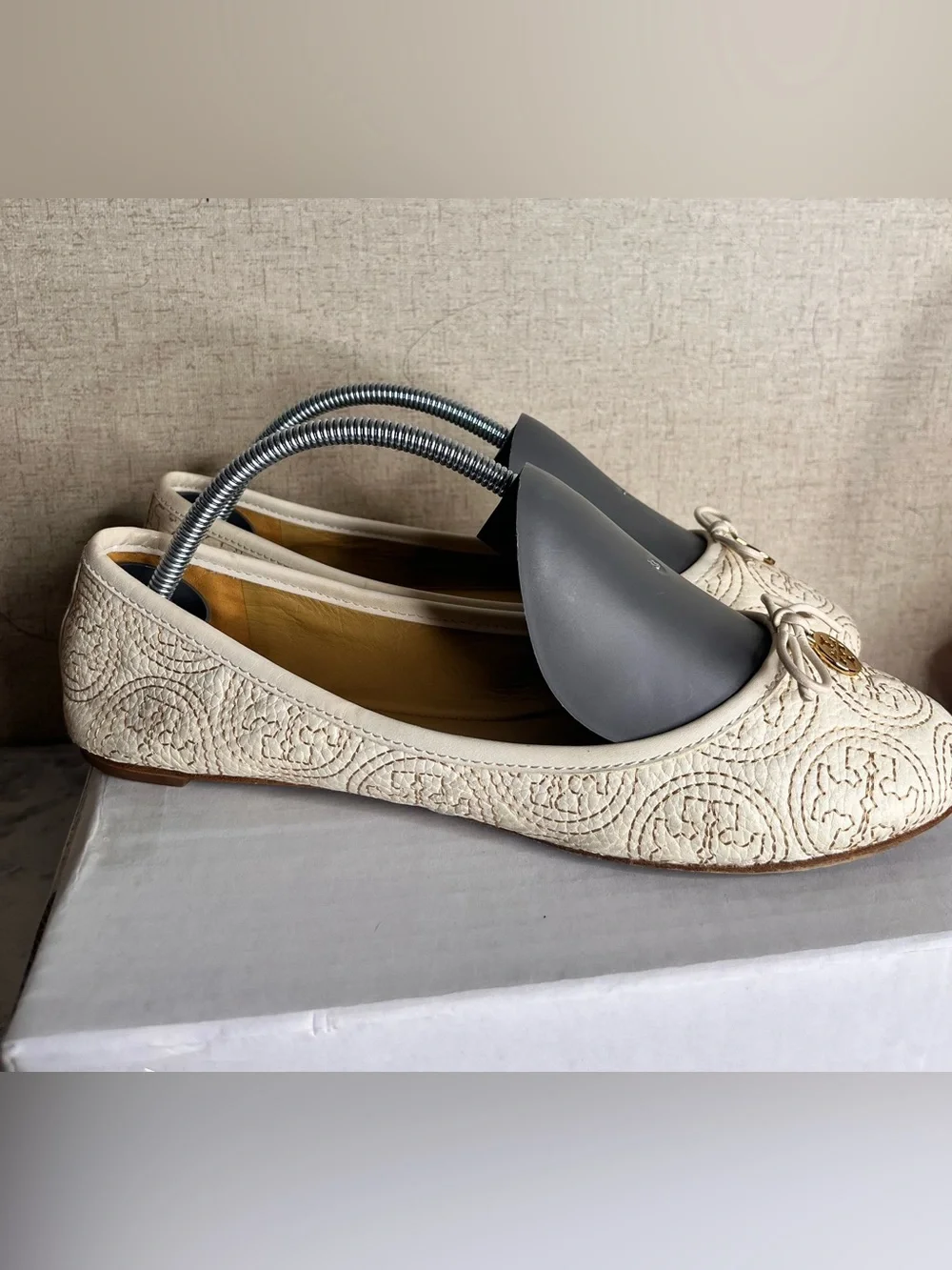Tory Burch Cream Embroidered Ballet Flat with Logo Medallion